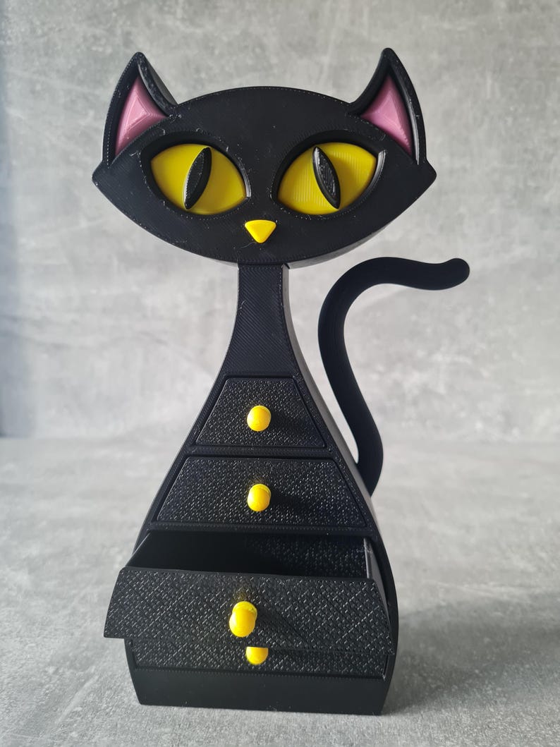 Atomic Cat Jewellery Box – 3D Printed Mid Century Modern Jewellery and trinket storage chest of drawers. Dressing Table Accessories. Bedroom