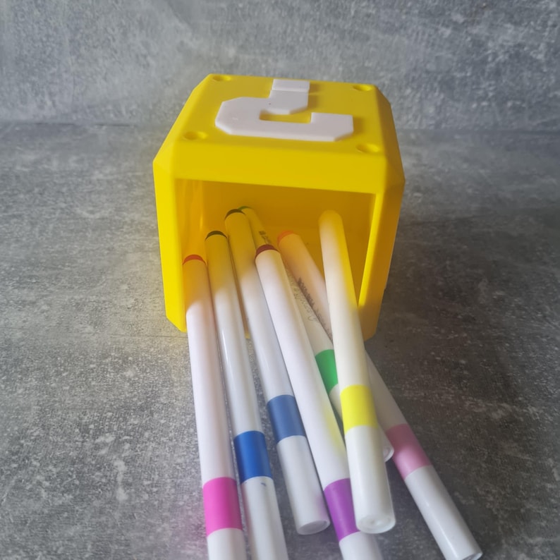 Pen Pot Holder Mario Block, Geek Desk Organiser, 3D Printed
