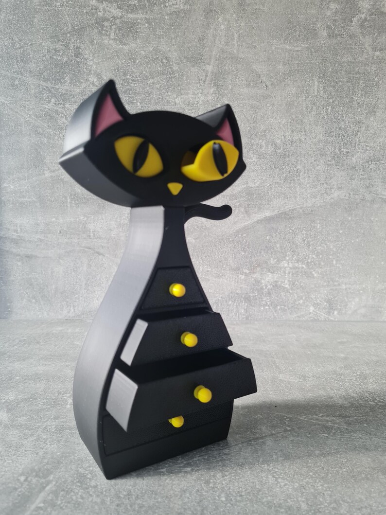 Atomic Cat Jewellery Box – 3D Printed Mid Century Modern Jewellery and trinket storage chest of drawers. Dressing Table Accessories. Bedroom