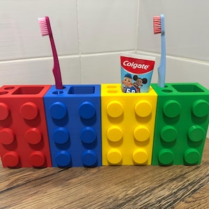 Kids LEGO inspired toothbrush holder 3D printed bathroom organizer colourful toothpaste holder fun kids bathroom décor  gift for children