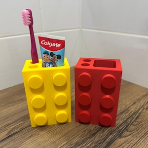 Kids LEGO inspired toothbrush holder 3D printed bathroom organizer colourful toothpaste holder fun kids bathroom décor  gift for children