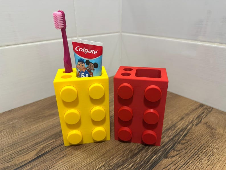 Kids LEGO inspired toothbrush holder 3D printed bathroom organizer colourful toothpaste holder fun kids bathroom décor  gift for children