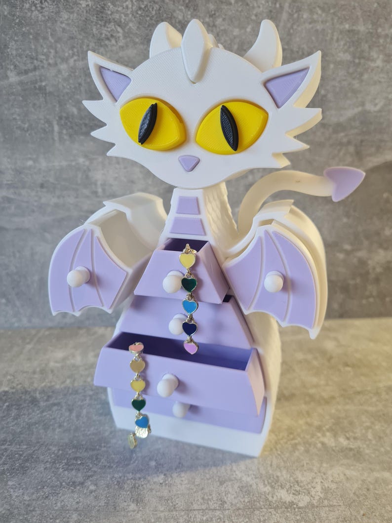 Dragon Ring Holder Jewelry Box – Cute Kawaii Dragon Trinket Organizer with Hidden Drawers, Gothic Fantasy Desk Decor, Lavender Gift for DND