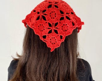 Romantic Lace Cotton Bandana, Handmade Crochet Head Scarf, Cottagecore Hair Wrap