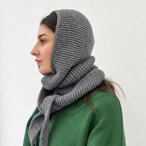 Grå Merino Sophie Hood Halsduk, Handstickad Ullbalaklava