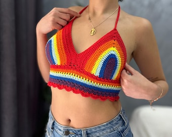 Rainbow Crochet Pride Bralette: Handmade Cotton Halter Top