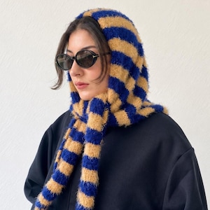 Bufanda de punto de lana merino a rayas, pasamontañas azul marino mostaza esponjoso