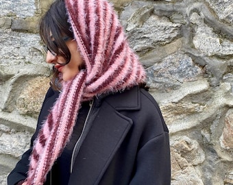 Striped Edna Hooded Shawl: Fluffy Knit Wool Angora Wrap, Handmade Winter Scarf