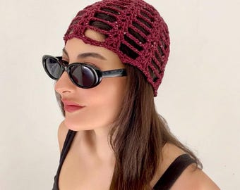 Handmade Sequin Mesh Crochet Beanie, Cotton Summer Sparkly Festival Hat