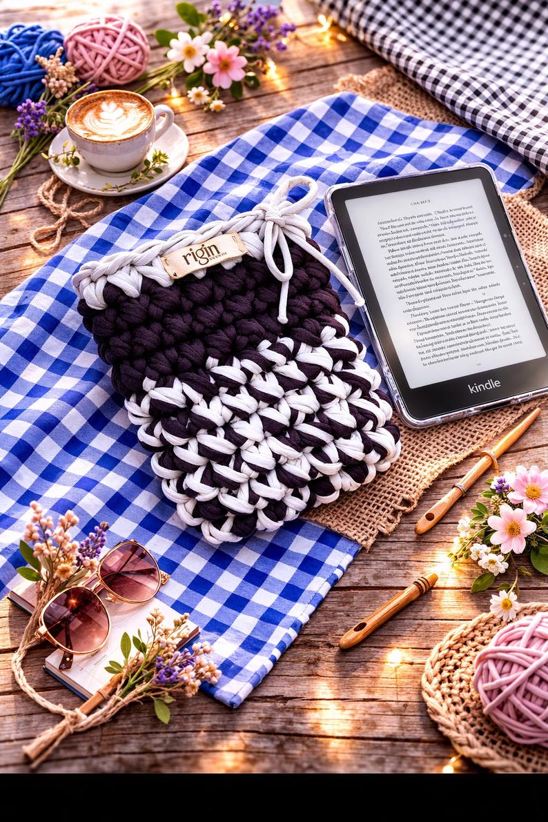 May include: A handmade crochet Kindle sleeve in black and white, with a white drawstring closure. The sleeve rests on a blue and white checkered cloth, alongside a Kindle e-reader, sunglasses, and flowers.