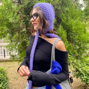 Chunky Knit Pixie Bonnet Hood Scarf: Handmade Red Wool Winter Hat Lilac