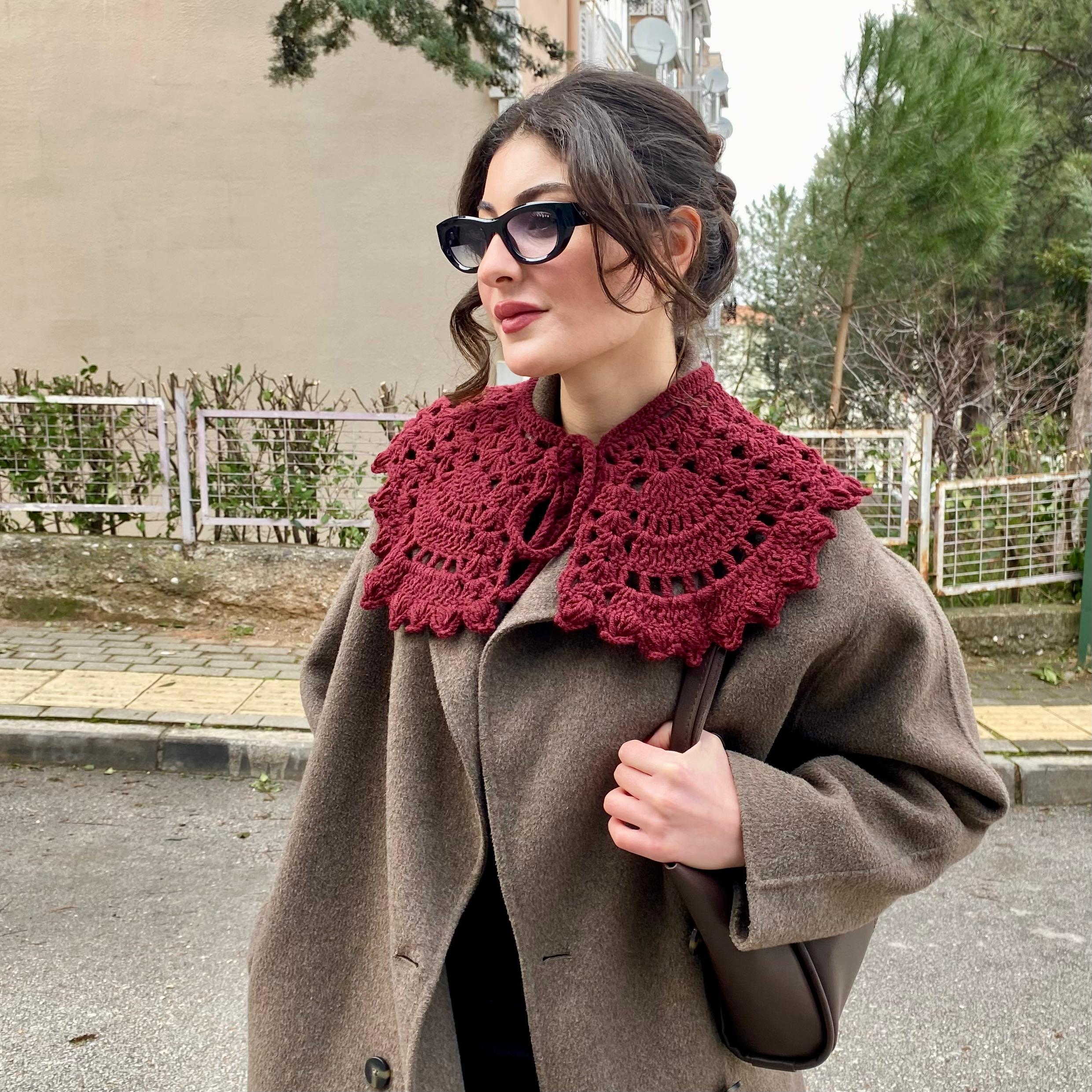 Handmade Crochet Lace Collar: Burgundy Acrylic Knit, Detachable