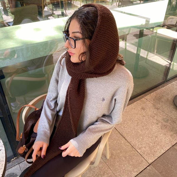 Handmade Brown Hooded Scarf, Chunky Knit Wool Winter Shawl, Cozy Gift Edna Style Wrap