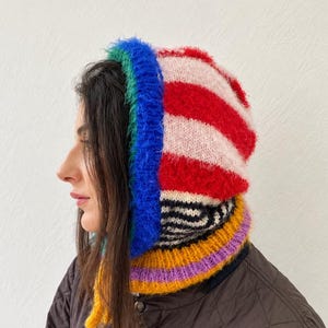 Pasamontañas de punto a rayas de mezcla de angora y merino, bufanda con capucha de lana colorida