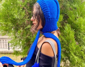 Royal Blue Wool Winter Bonnet: Handmade Crochet Pixie Hat, Messy Chunky Knit Hood Scarf