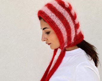 Knit Striped Mohair Bonnet, Handmade Winter Hood, Merino Fisherman Beanie
