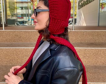 Burgundy Knit Adult Bonnet: Pixie Crochet Wool Hat, Handmade Rain Bonnet Scarf