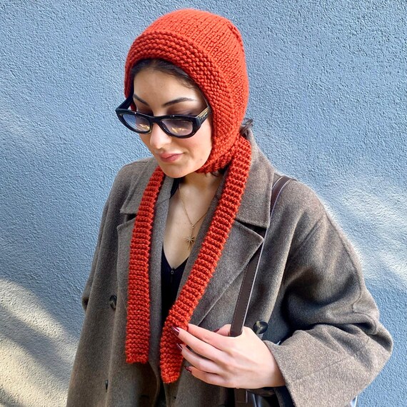 Knit Wool Long Tie Pixie Bonnet: Handmade Winter Blue Beanie 