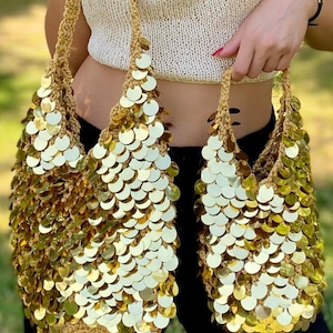 Handmade Gold Silver Sequin Bag, Sparkly Macrame Party Purse image 5