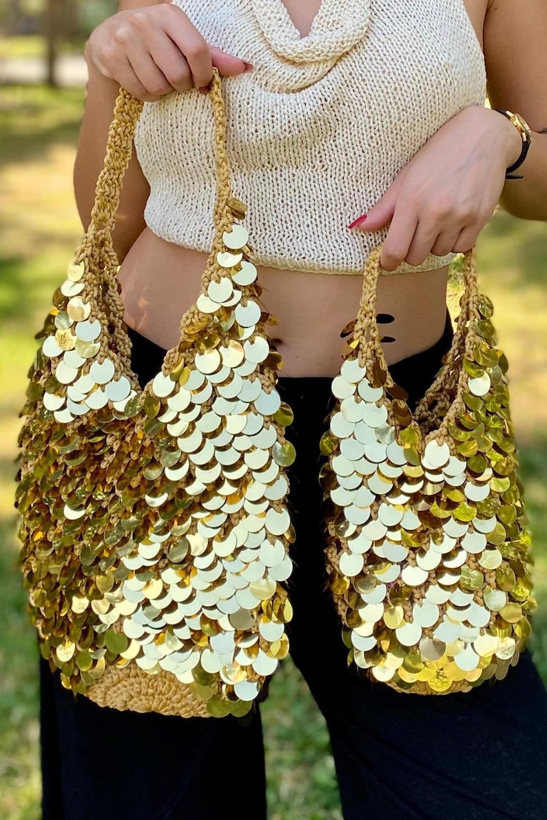 Handmade Gold Silver Sequin Bag, Sparkly Macrame Party Purse image 5