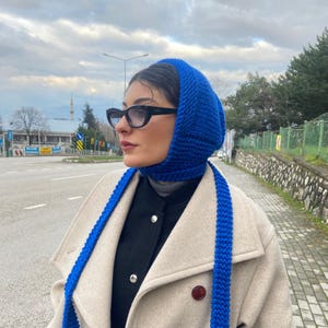 Knit Wool Long Tie Pixie Bonnet: Handmade Winter Blue Beanie, Vintage Hood Scarf