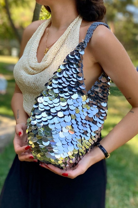 Handmade Gold Silver Sequin Bag, Sparkly Macrame Party Purse