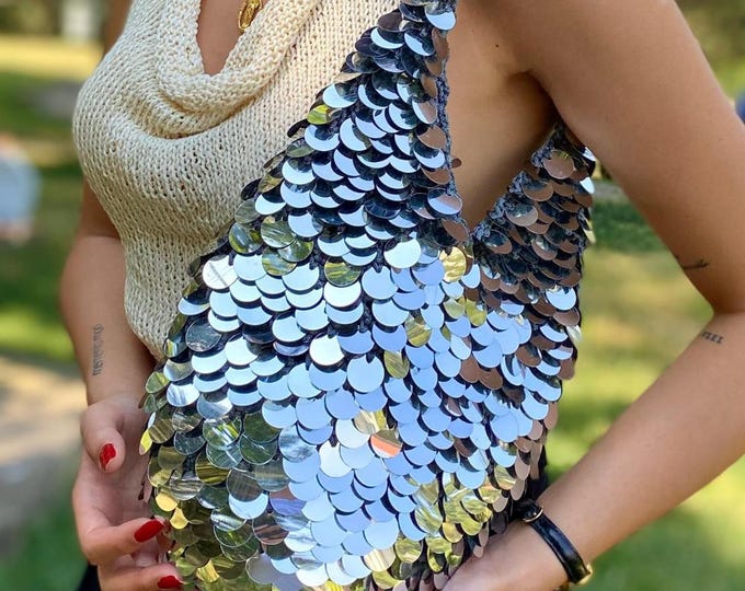Handmade Gold Silver Sequin Bag, Sparkly Macrame Party Purse