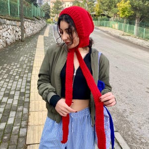 Chunky Knit Pixie Bonnet Hood Scarf: Handmade Red Wool Winter Hat image 5