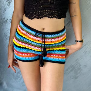 Crochet Rainbow Striped Shorts: Boho Cotton Knit Beachwear
