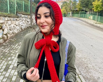 Red Adult Wool Bonnet Scarf: Handmade Knit Winter Beanie, Long Tie Scarf Hood