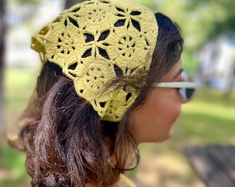 Butter Yellow Crochet Bandana, Handmade Lace Hair Scarf, Summer Head Covering, Boho Hair Wrap, Floral Triangle Headscarf, Festival Accessory