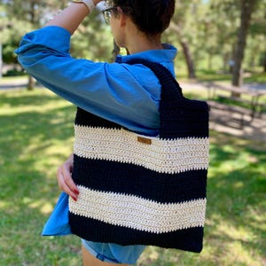 Handmade Striped Crochet Tote Bag: Black & White Cotton Macrame