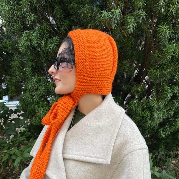 Handmade Orange Knit Bonnet: Y2K Retro Hippie Hood - Etsy display picture 1