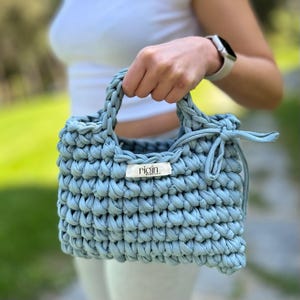 Island Luxe T-Shirt Yarn Mini Tote Bag, Crochet Summer Purse, Handmade Soft Knit Handbag, Gift for Her, Pastel Cottegore Bag, Coquette Style