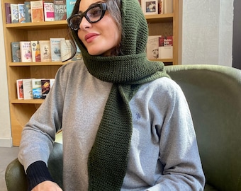 Dark Green Wool Crochet Shawl: Winter Handmade Scoodie, Hooded Scarf Warm Cowl