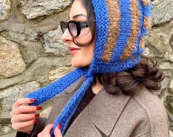Striped Mohair Merino Bonnet, Hand Knit Fluffy Winter Hood