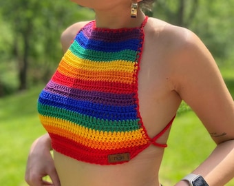 Regenboog gehaakte haltertop, Cotton Pride-bralette, LGBTQ+ festivalzomeroutfit