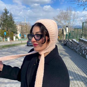Chunky Knit Pixie Bonnet Hood Scarf: Handmade Red Wool Winter Hat Salmon Pink