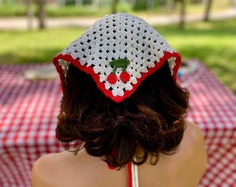 Handmade Crochet Cherry Bandana, Red White Headscarf, Summer Cottagecore Hair Wrap, Granny Square Triangle Head Cover, Boho Picnic Accessory