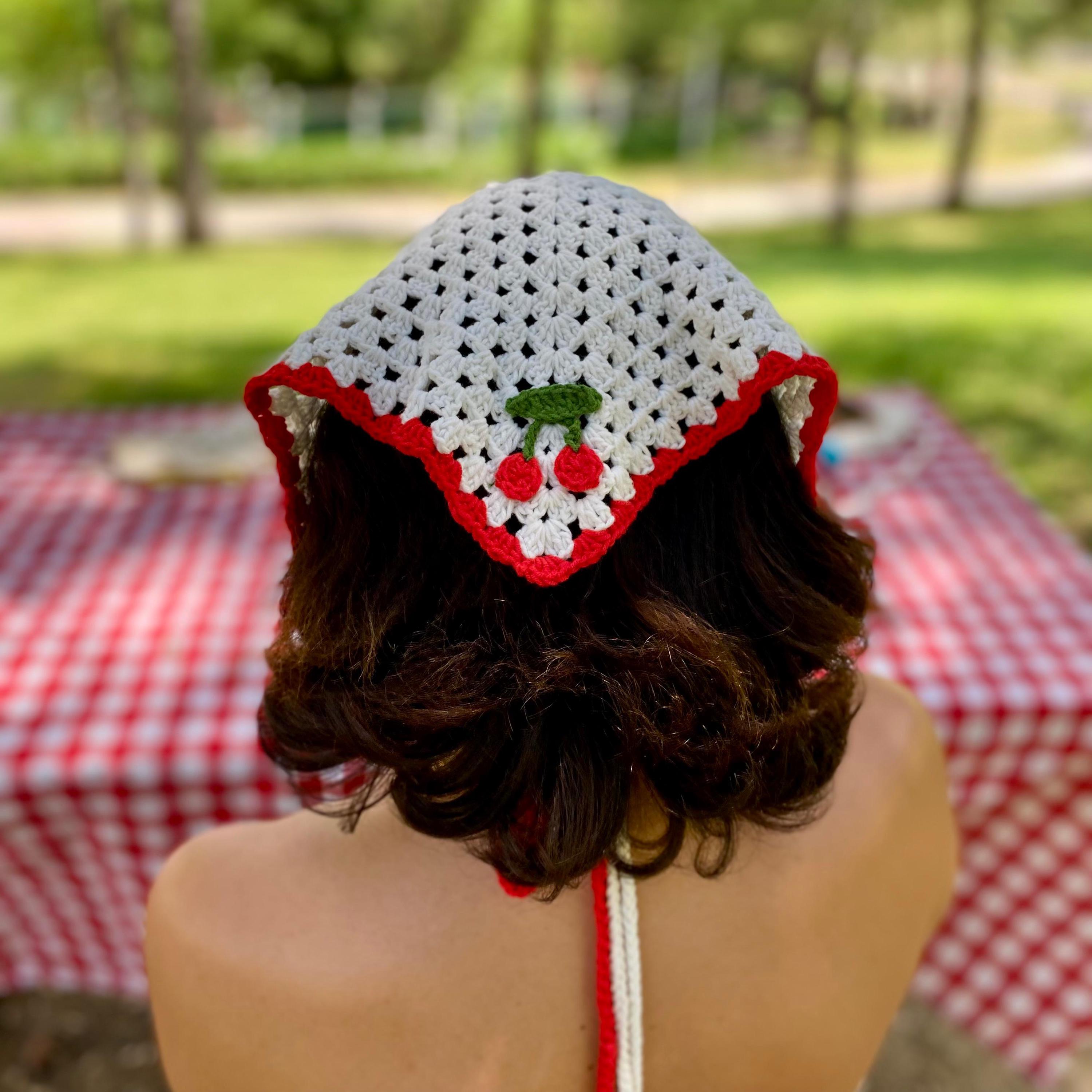 Crochet Cherry Bandana: Handmade Cotton Granny Square Headscarf