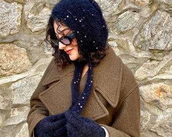 Mohair Black Sequin Adult Bonnet: Knit Wool Winter Pixie Hat, Handmade Winter Hood Scarf
