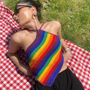 Handmade Crochet Rainbow Halter Top: Asymmetrical Pride Crop