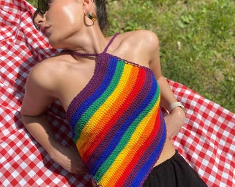 Handmade Crochet Rainbow Halter Top: Asymmetrical Pride Crop