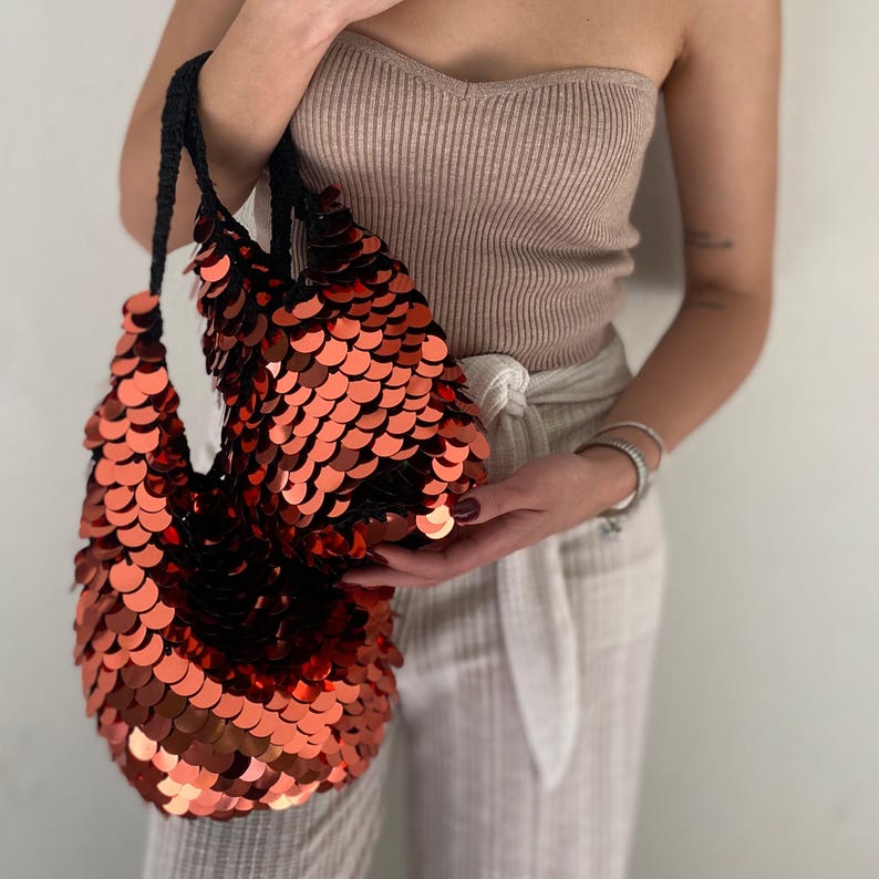 Handmade Gold Silver Sequin Bag, Sparkly Macrame Party Purse image 20
