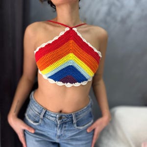 Rainbow Crochet Pride Crop Top: Adjustable Cotton Bralette
