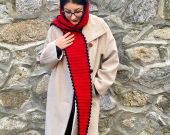 Dark Green Long Knit Scarf: Edna Style Wool Hood, Handmade Crochet