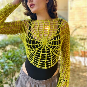 Neon Green Spider Web Crochet Top: Handmade Gothic Halloween Costume