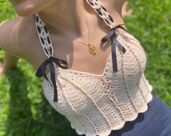 Crochet Halter Top, Handmade Cotton Corset Top, Mermaidcore Bralette with Ribbon