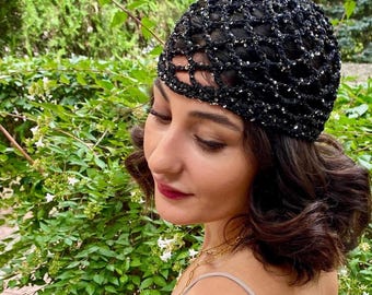 Black Sequin Mesh Skull Cap Boho Crochet Festival Hat Handmade Juliet Cap