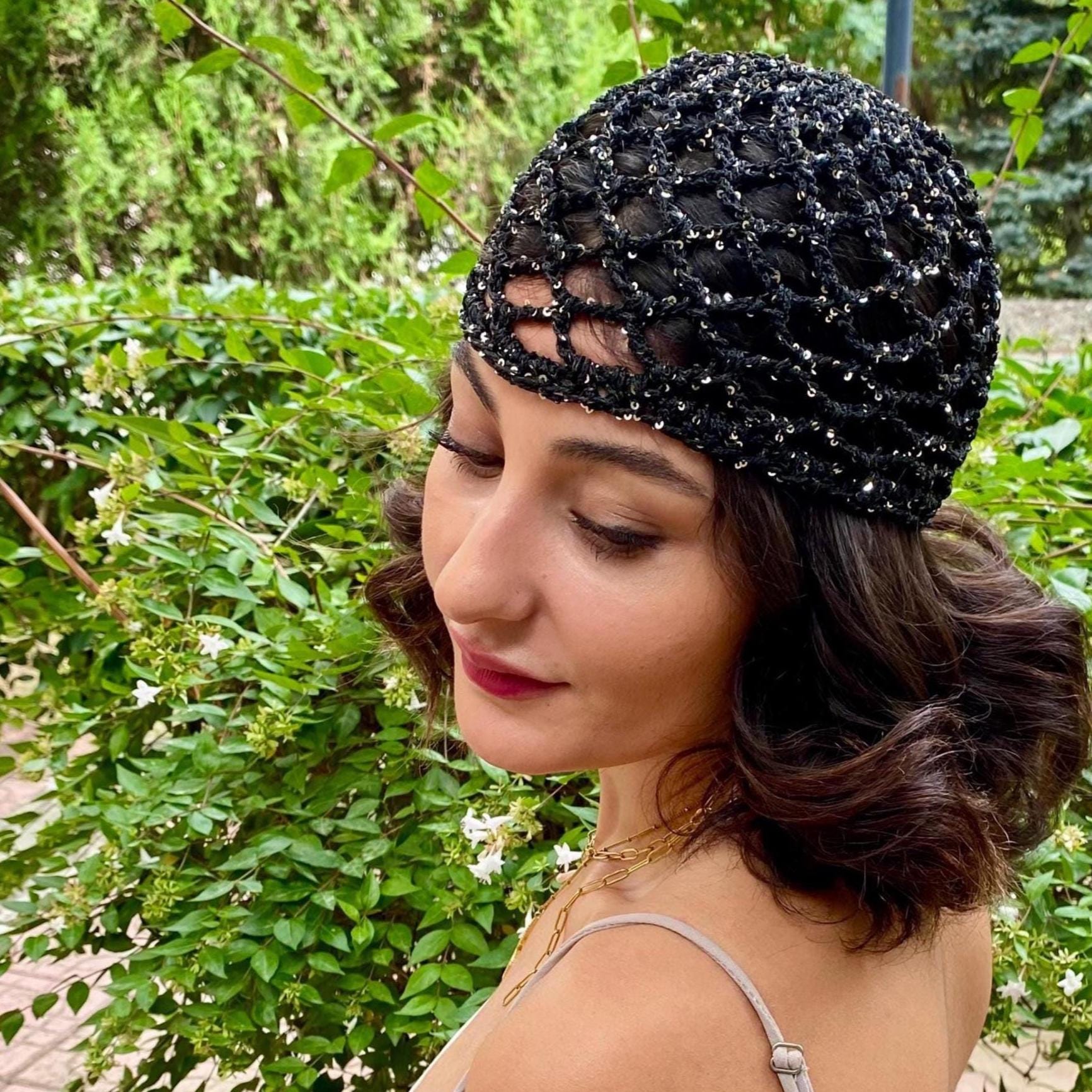 Black Sequin Mesh Skull Cap Boho Crochet Festival Hat Handmade